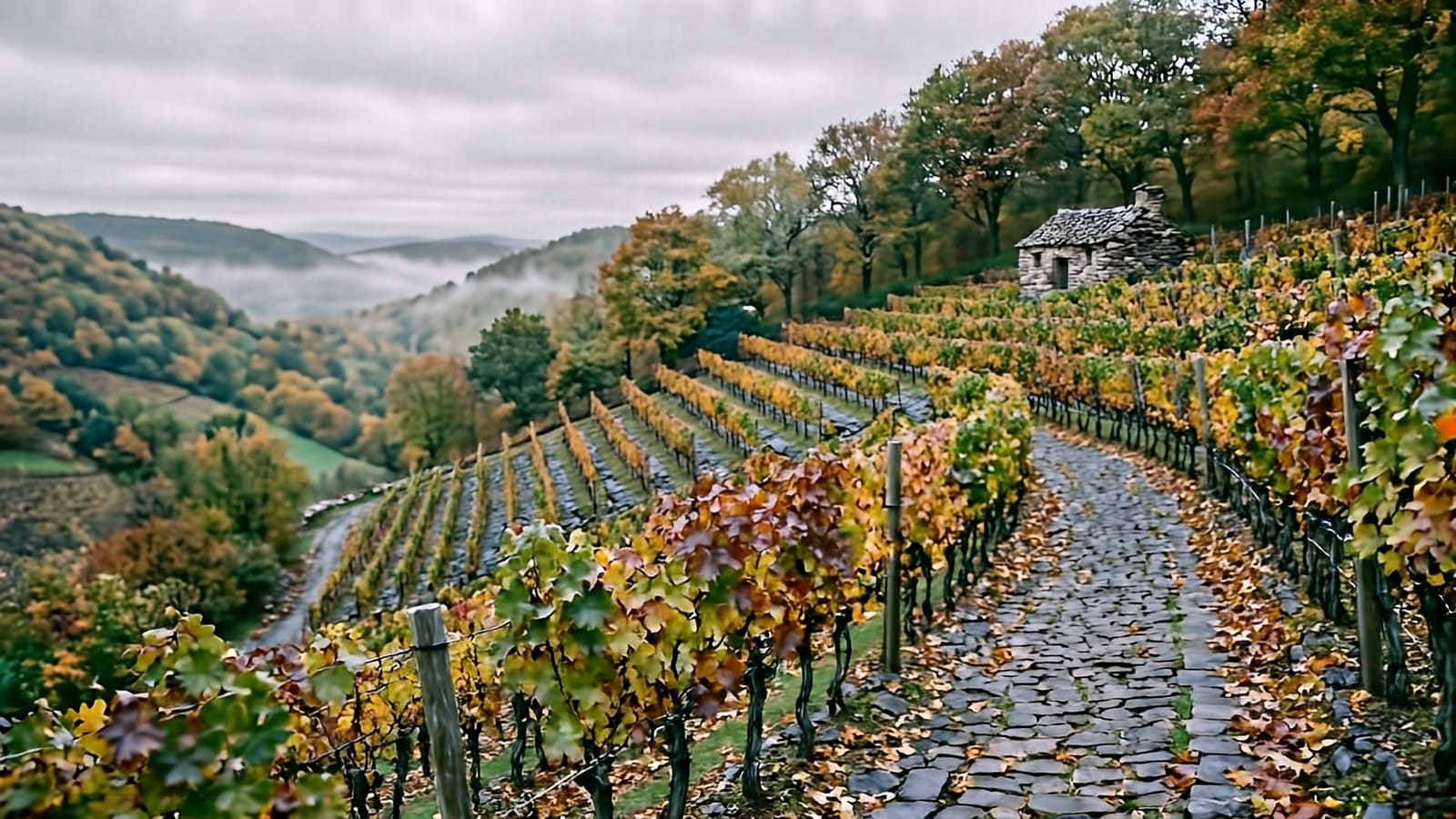 Le coteau de vignes en pente, rangs dans le sens de la pente, au petit matin.